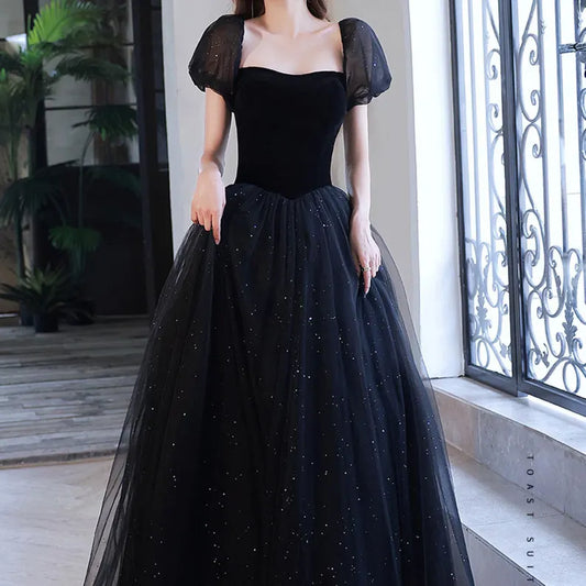 Evening Dress Sweetheart Neck Puff Sleeve Tulle Sequin Longuette Fantastic Elegant Formal Wear Dresses