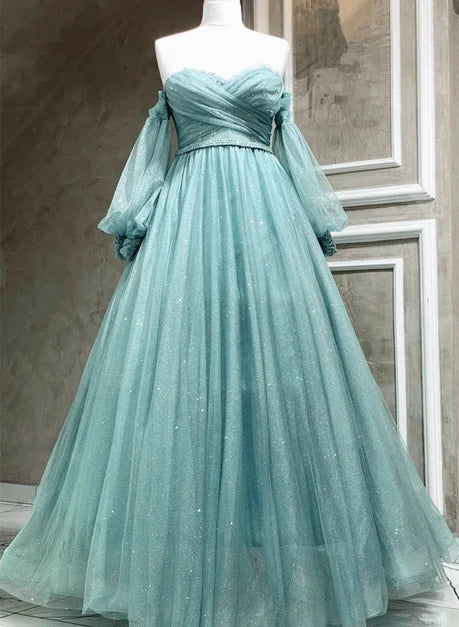 Sage Green Glitter Tulle A-Line Sweetheart Zipper Back Floor-Length Dress - Aabei Dress