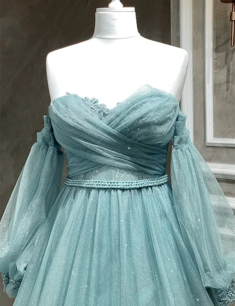 Sage Green Glitter Tulle A-Line Sweetheart Zipper Back Floor-Length Dress - Aabei Dress