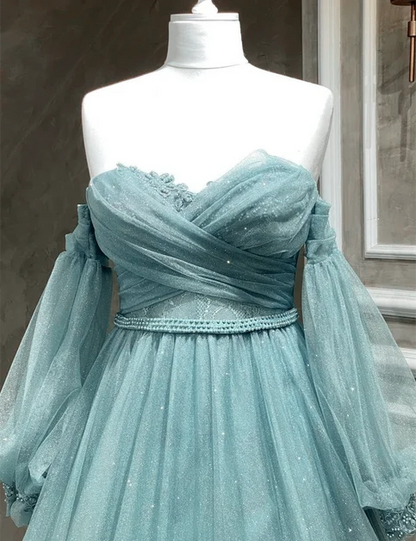 Sage Green Glitter Tulle A-Line Sweetheart Zipper Back Floor-Length Dress - Aabei Dress