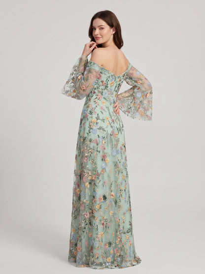 Sage Green Mesh A Line Off The Shoulder Zipper Back Floor Length Dress Back View - Aabei Dress