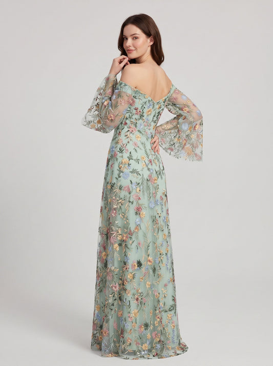 Sage Green Mesh A Line Off The Shoulder Zipper Back Floor Length Dress Back View - Aabei Dress