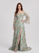 Sage Green Mesh A Line Off The Shoulder Zipper Back Floor Length Dress Front View - Aabei Dress
