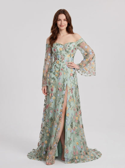 Sage Green Mesh A Line Off The Shoulder Zipper Back Floor Length Dress Front View - Aabei Dress