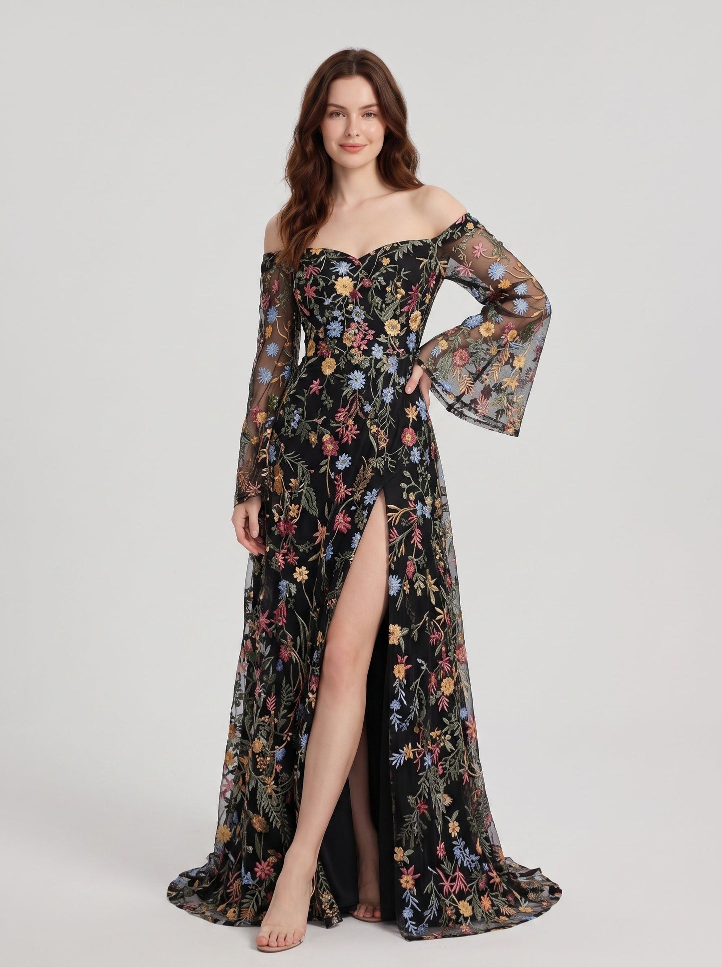 Sage Green Mesh A Line Off The Shoulder Zipper Back Floor Length Dress - Aabei Dress