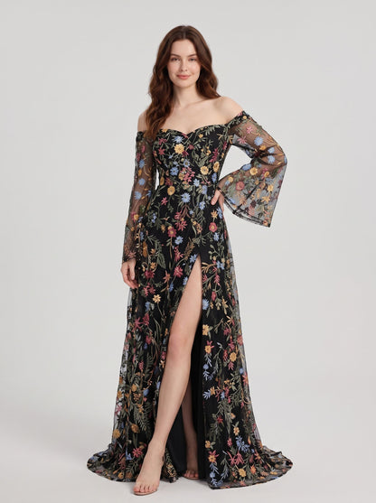 Sage Green Mesh A Line Off The Shoulder Zipper Back Floor Length Dress - Aabei Dress