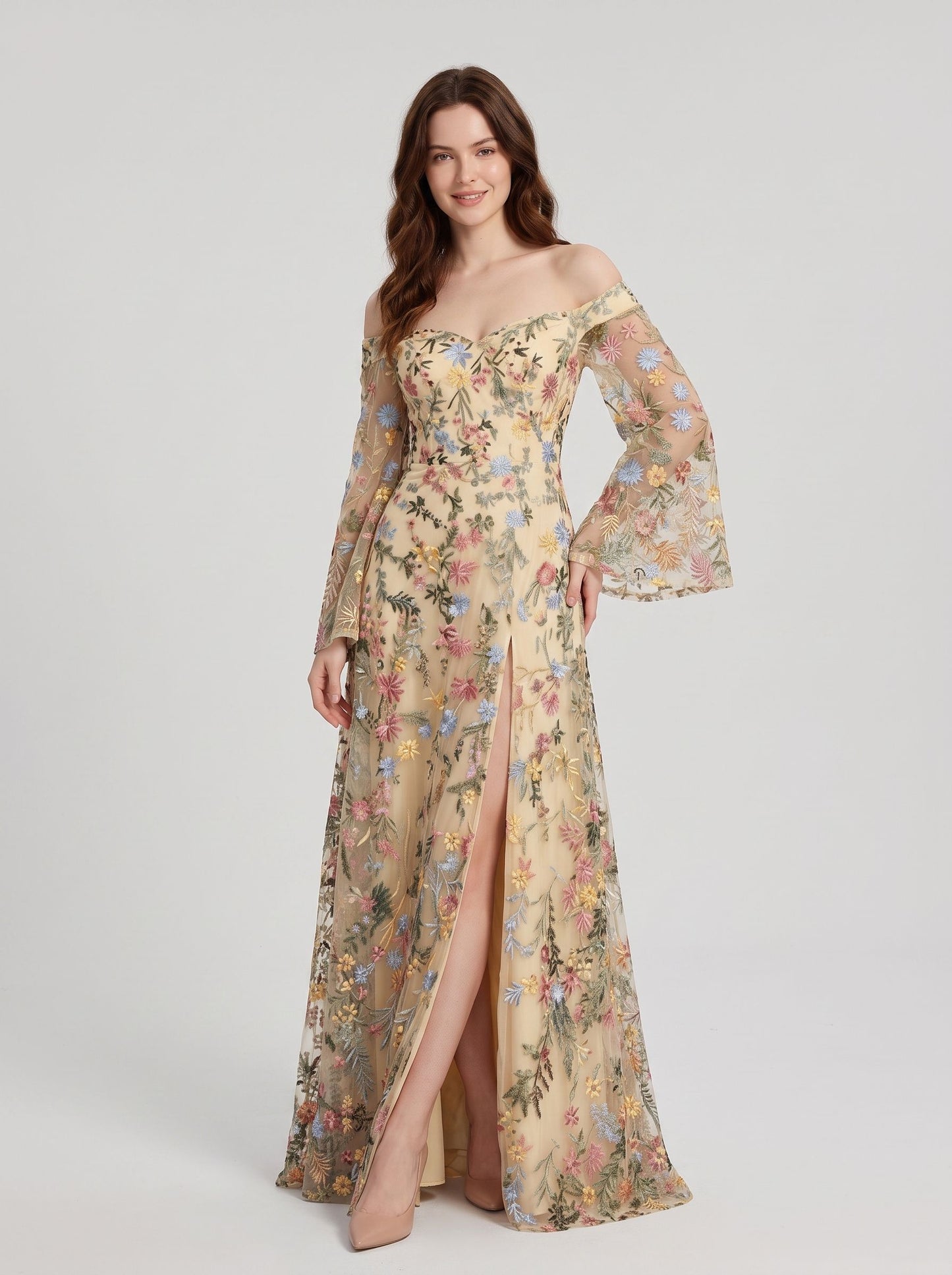Sage Green Mesh A Line Off The Shoulder Zipper Back Floor Length Dress - Aabei Dress