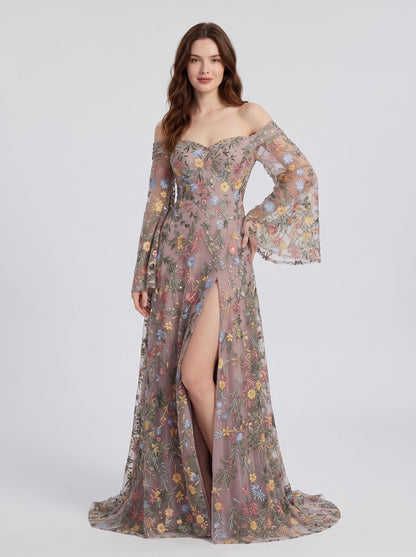 Sage Green Mesh A Line Off The Shoulder Zipper Back Floor Length Dress - Aabei Dress
