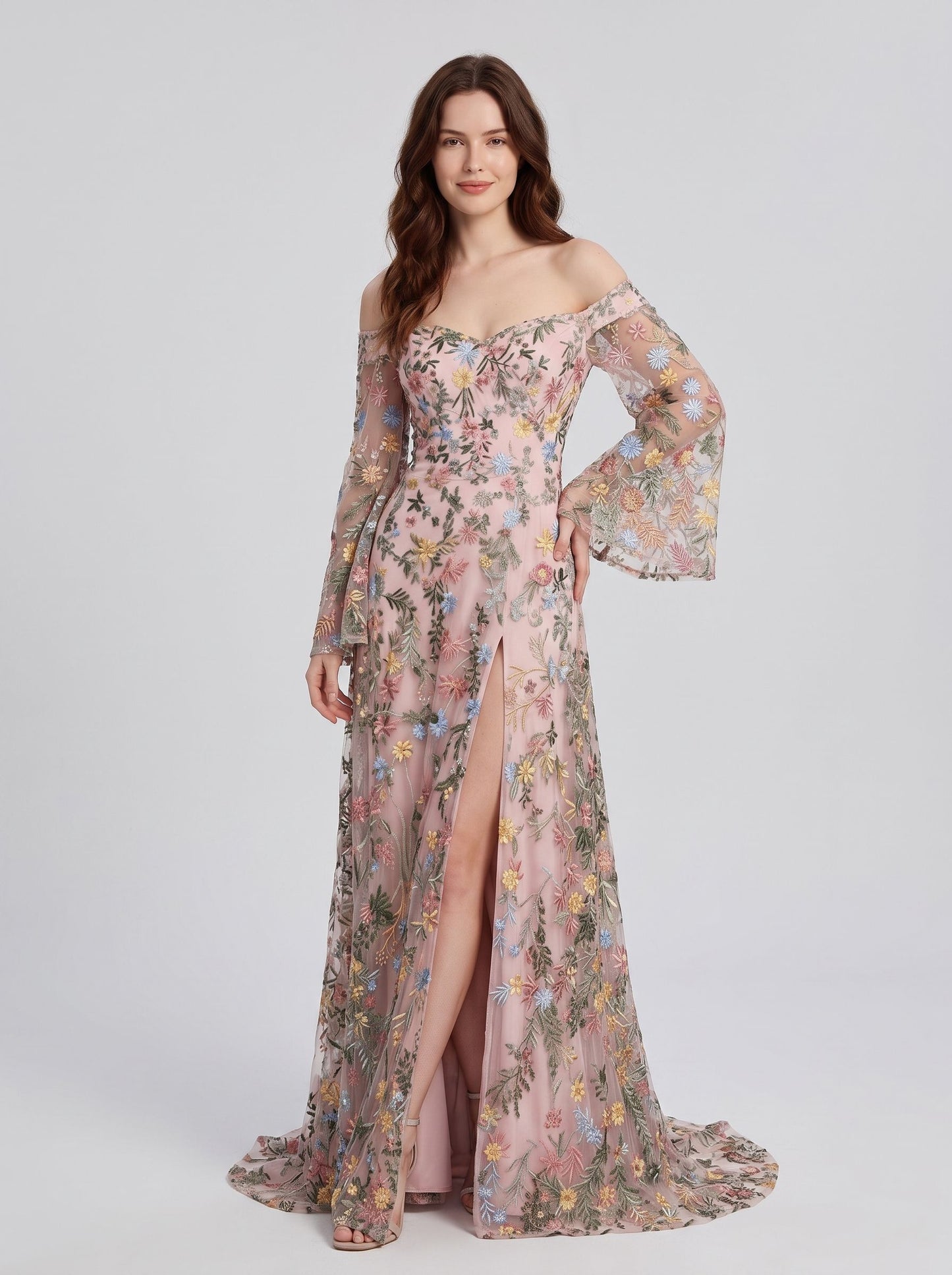 Sage Green Mesh A Line Off The Shoulder Zipper Back Floor Length Dress - Aabei Dress