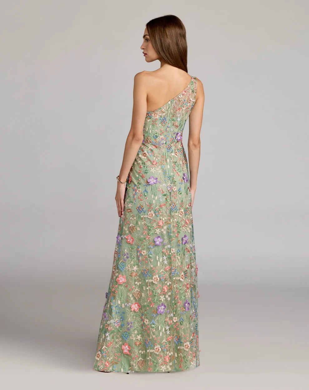 Sage Green Mesh A-Line One Shoulder Zipper Back Floor Length Dress Back View - Aabei Dress