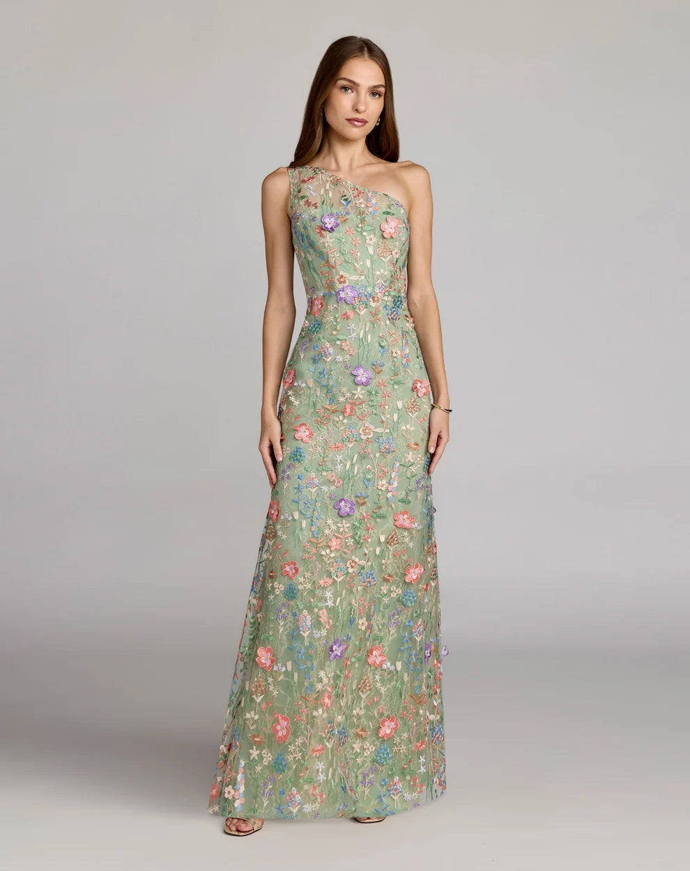 Sage Green Mesh A-Line One Shoulder Zipper Back Floor Length Dress - Aabei Dress