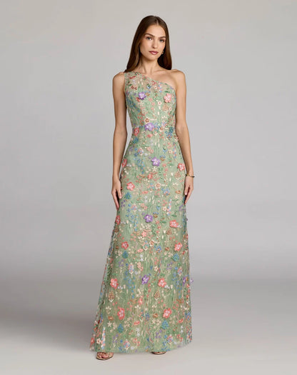 Sage Green Mesh A-Line One Shoulder Zipper Back Floor Length Dress - Aabei Dress