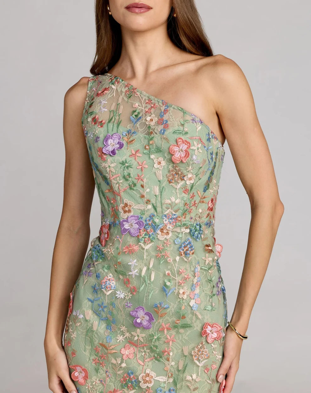 Sage Green Mesh A-Line One Shoulder Zipper Back Floor Length Dress - Aabei Dress