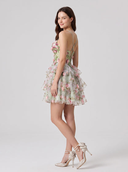 Sage Green Mesh A-Line Sweetheart Lace-up Back Mini Dress Back View - Aabei Dress