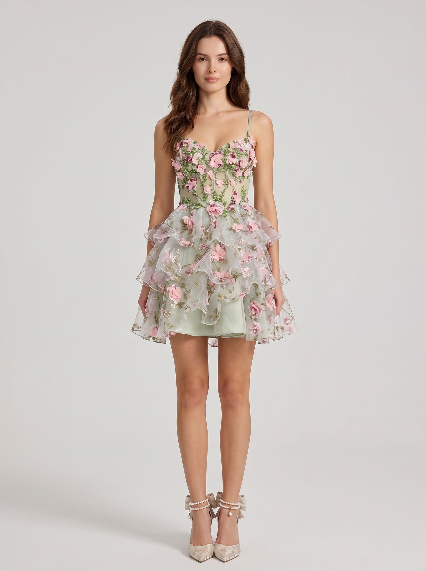 Sage Green Mesh A-Line Sweetheart Lace-up Back Mini Dress - Aabei Dress