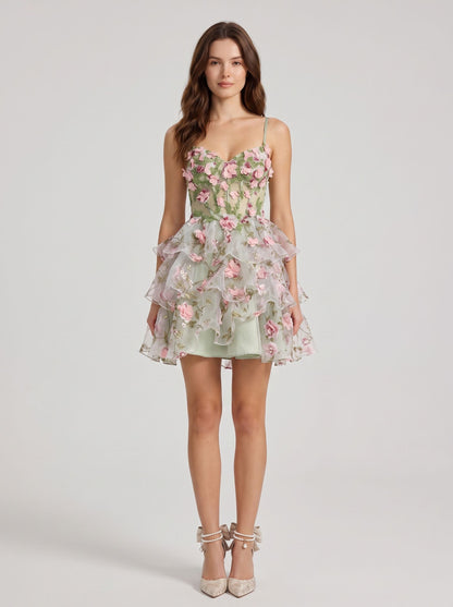 Sage Green Mesh A-Line Sweetheart Lace-up Back Mini Dress - Aabei Dress