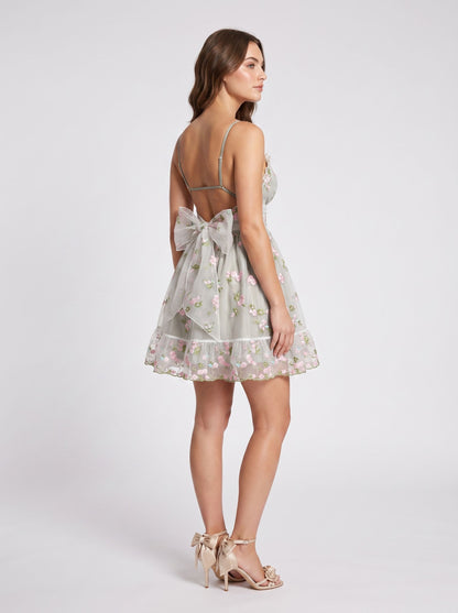 Sage Green Mesh a-line v-neck low-back above-knee Dress - Aabei Dress