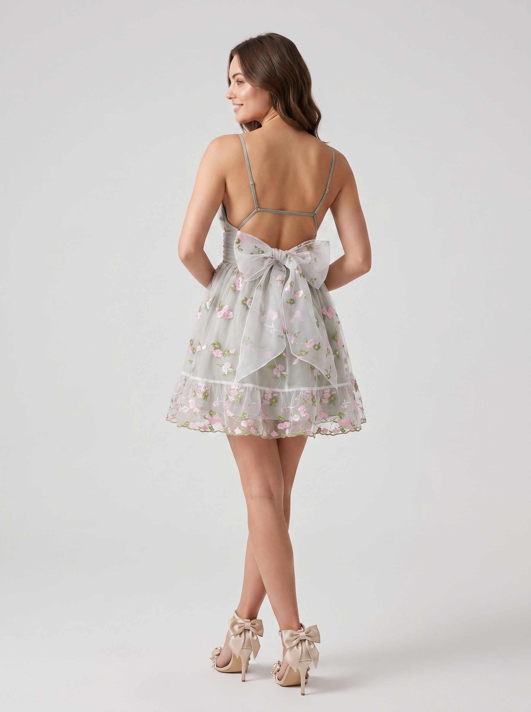 Sage Green Mesh a-line v-neck low-back above-knee Dress - Aabei Dress