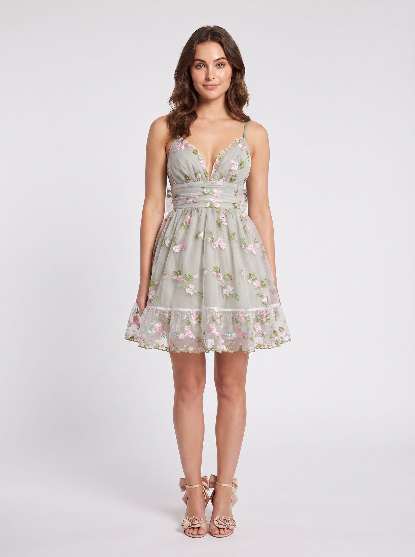 Sage Green Mesh a-line v-neck low-back above-knee Dress - Aabei Dress