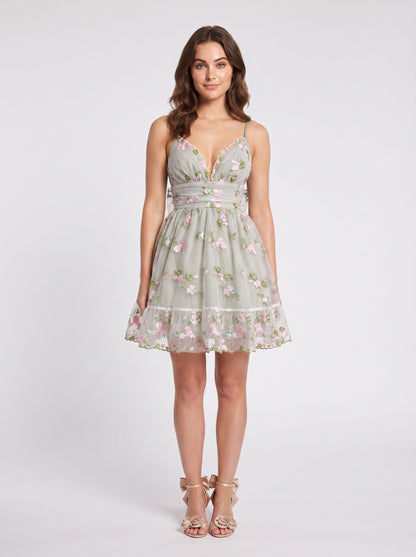 Sage Green Mesh a-line v-neck low-back above-knee Dress - Aabei Dress