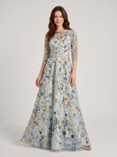 Sage Green Mesh with Floral Embroidery A-Line Illusion Neck Floor-Length Dress - Aabei Dress