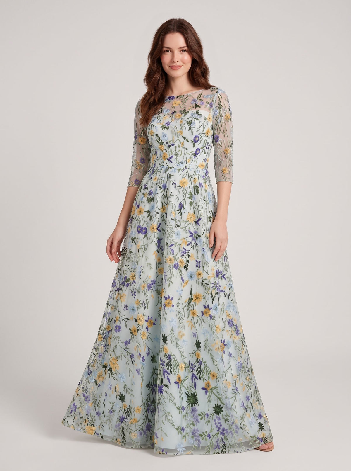 Sage Green Mesh with Floral Embroidery A-Line Illusion Neck Floor-Length Dress - Aabei Dress