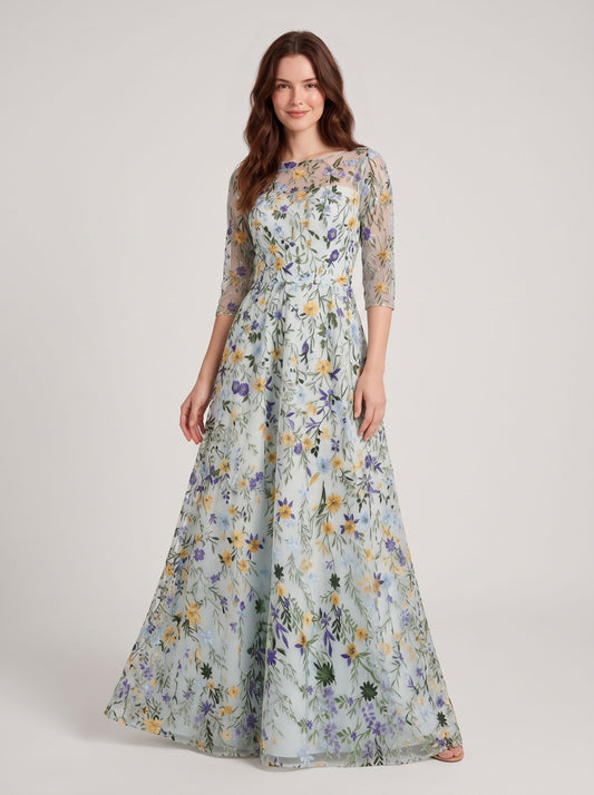 Sage Green Mesh with Floral Embroidery A-Line Illusion Neck Floor-Length Dress - Aabei Dress