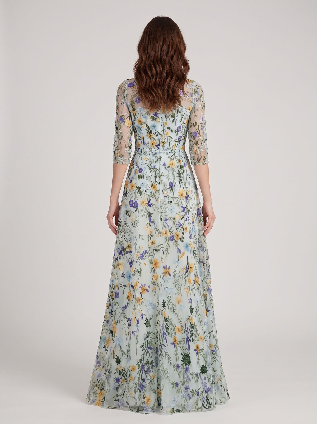 Sage Green Mesh with Floral Embroidery A-Line Illusion Neck Floor-Length Dress - Aabei Dress