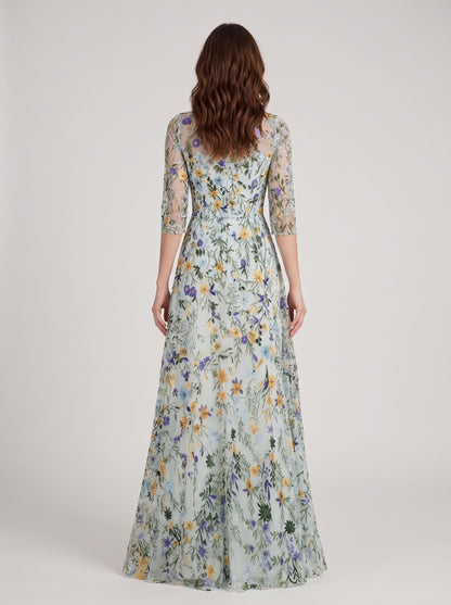 Sage Green Mesh with Floral Embroidery A-Line Illusion Neck Floor-Length Dress - Aabei Dress