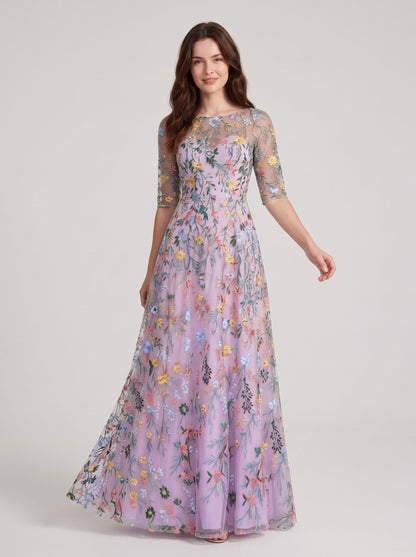 Sage Green Mesh with Floral Embroidery A-Line Illusion Neck Floor-Length Dress - Aabei Dress