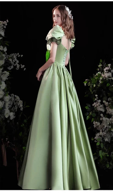 Sage Green Satin A-Line Square Neck Lace-up Floor-Length Dress Back View - Aabei Dress