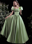 Sage Green Satin A-Line Square Neck Lace-up Floor-Length Dress Front View - Aabei Dress