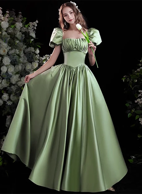 Sage Green Satin A-Line Square Neck Lace-up Floor-Length Dress Front View - Aabei Dress