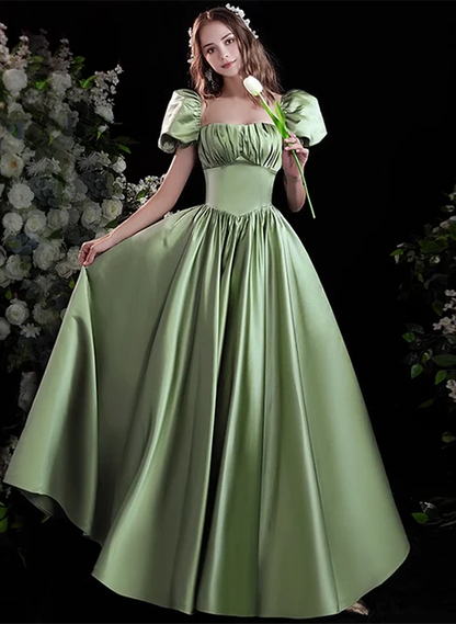 Sage Green Satin A-Line Square Neck Lace-up Floor-Length Dress Front View - Aabei Dress