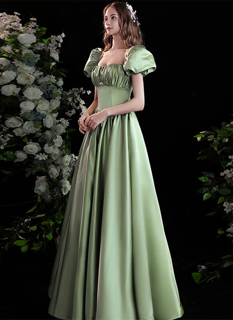 Sage Green Satin A-Line Square Neck Lace-up Floor-Length Dress - Aabei Dress