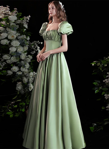 Sage Green Satin A-Line Square Neck Lace-up Floor-Length Dress - Aabei Dress