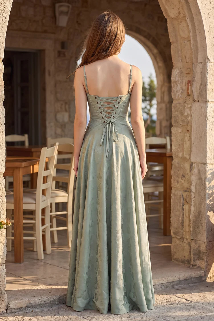 Sage Green Satin Jacquard A-Line Sweetheart Lace-up Back Floor-Length Dress Back View - Aabei Dress