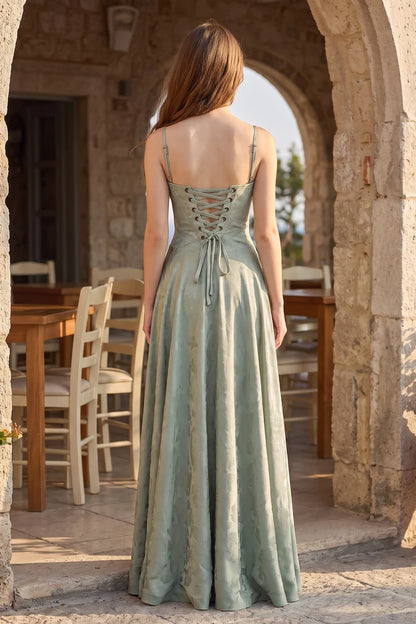 Sage Green Satin Jacquard A-Line Sweetheart Lace-up Back Floor-Length Dress Back View - Aabei Dress