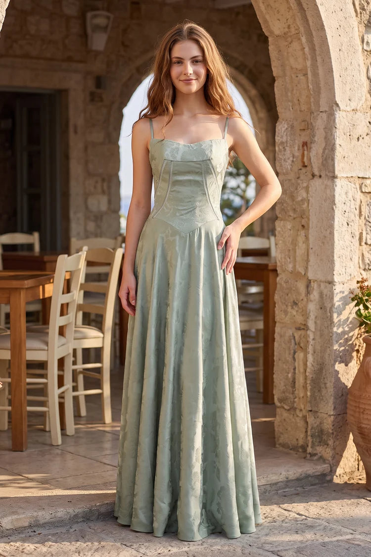 Sage Green Satin Jacquard A-Line Sweetheart Lace-up Back Floor-Length Dress Front View - Aabei Dress