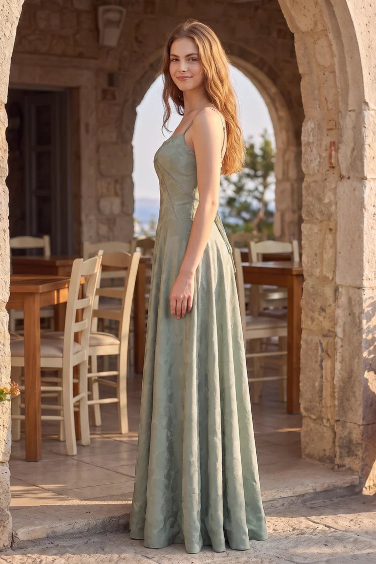 Sage Green Satin Jacquard A-Line Sweetheart Lace-up Back Floor-Length Dress - Aabei Dress