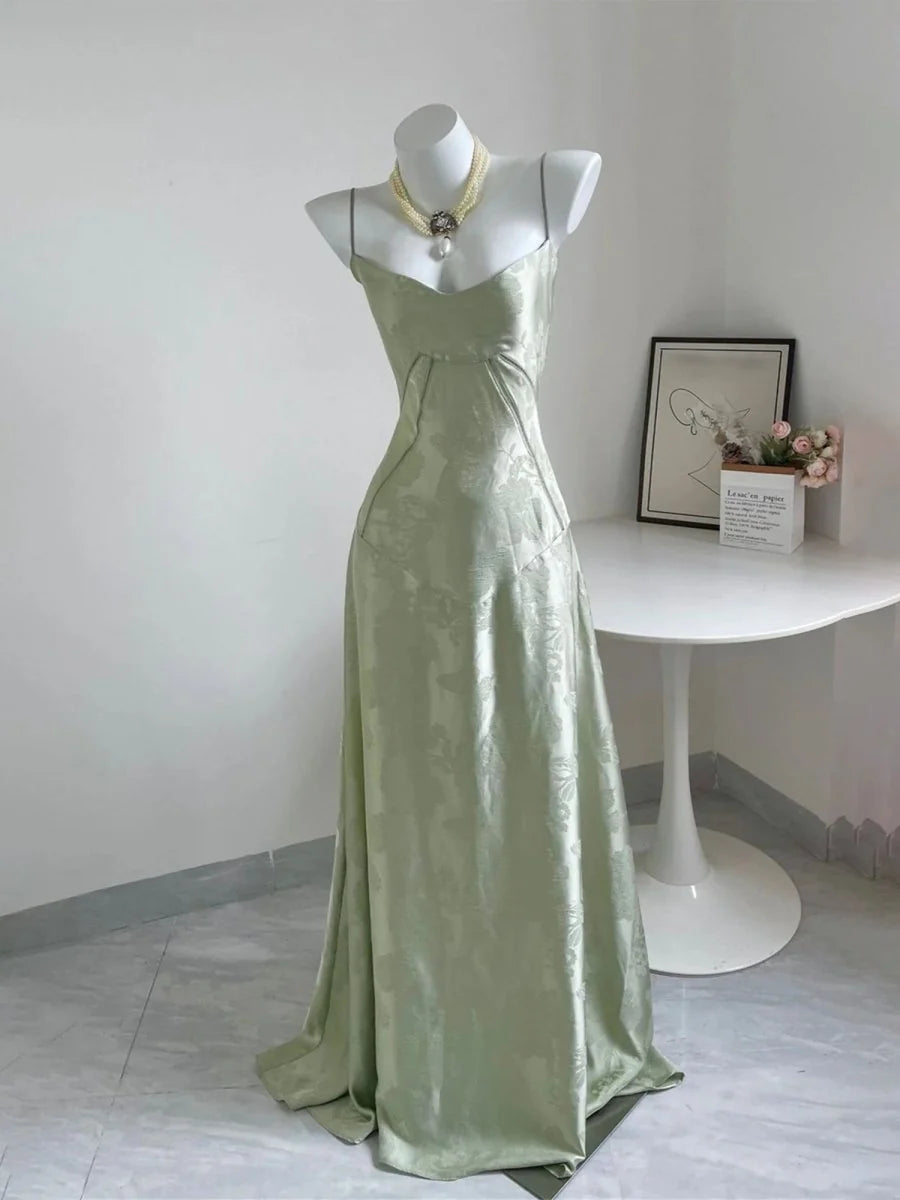 Sage Green Satin Jacquard A-Line Sweetheart Lace-up Back Floor-Length Dress - Aabei Dress