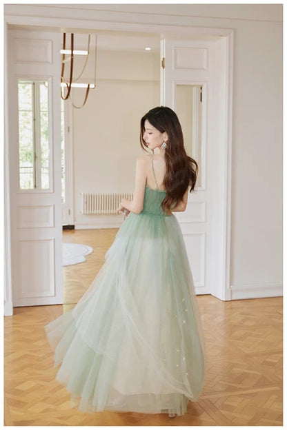 Sage Green Tulle A-Line Floor-Length Dress Back View - Aabei Dress