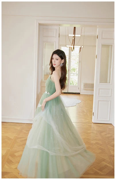 Sage Green Tulle A-Line Floor-Length Dress - Aabei Dress
