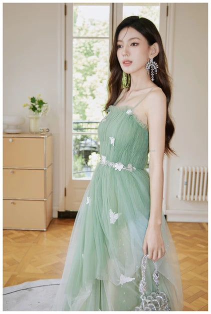Sage Green Tulle A-Line Floor-Length Dress - Aabei Dress