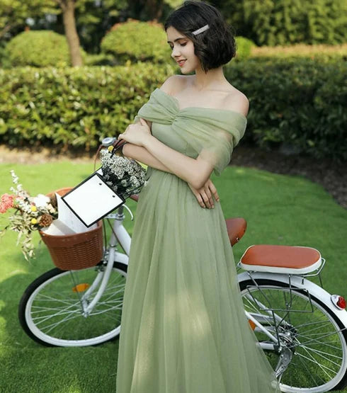 Sage Green Tulle A-Line Off-the-Shoulder Zipper-Back Floor-Length Dress Front View - Aabei Dress