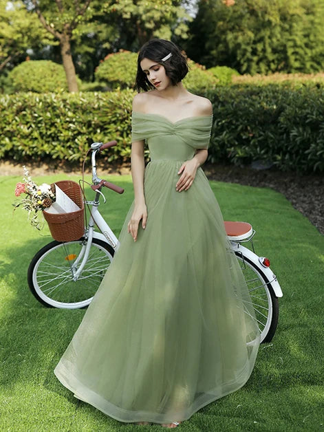 Sage Green Tulle A-Line Off-the-Shoulder Zipper-Back Floor-Length Dress - Aabei Dress