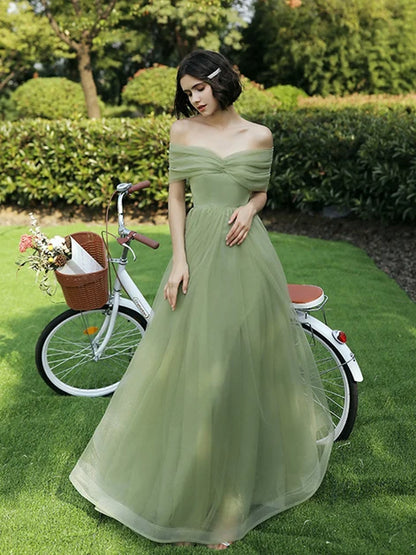 Sage Green Tulle A-Line Off-the-Shoulder Zipper-Back Floor-Length Dress - Aabei Dress