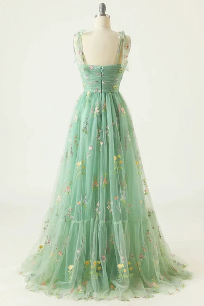 Sage Green Tulle A-Line Sweetheart Back Zip Floor-Length Dress Back View - Aabei Dress