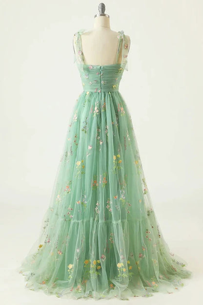 Sage Green Tulle A-Line Sweetheart Back Zip Floor-Length Dress Back View - Aabei Dress