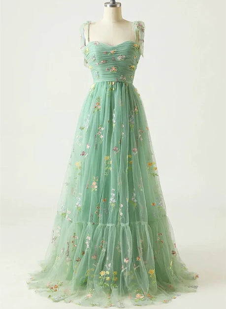 Sage Green Tulle A-Line Sweetheart Back Zip Floor-Length Dress Front View - Aabei Dress